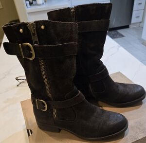 BORN Dark Brown Suede Mid Calf Boots with Buckles Womens SIZE 6.5